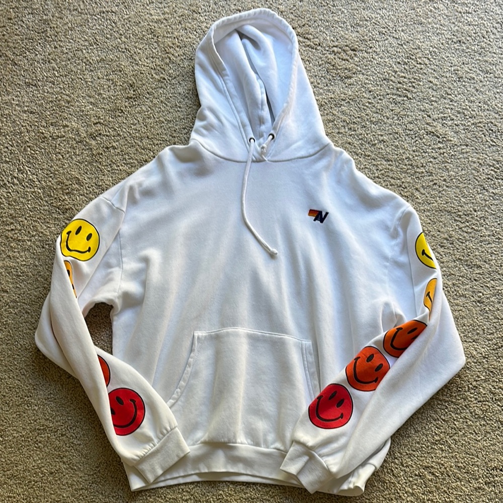 Aviator Nation White Hoodie with Colorful Smiley Faces